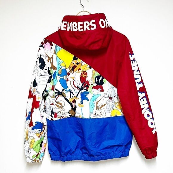 New COLOURBLOCK LOONEY TUNES JACKET IN RED BLUE Men’s M Womens L - Picture 2 of 8
